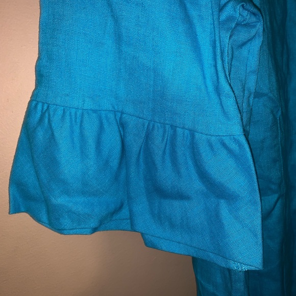 Choices woman 1X linen collared blouse blue full button flutter sleeve - Picture 2 of 8